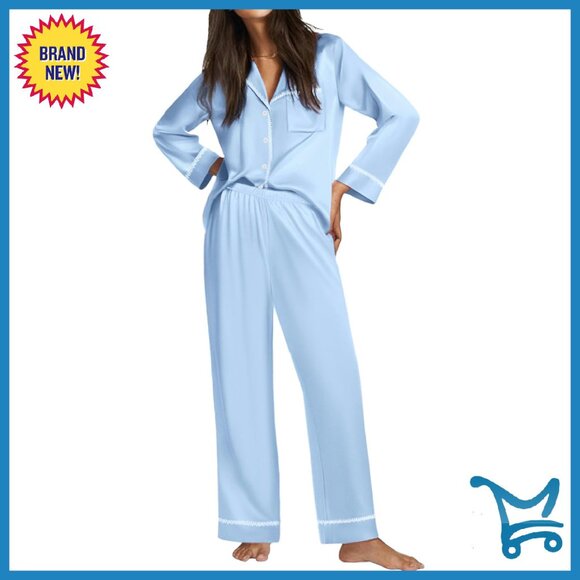 Silky Satin Pajama Set Long Sleeve Top Pants Lounge Wear